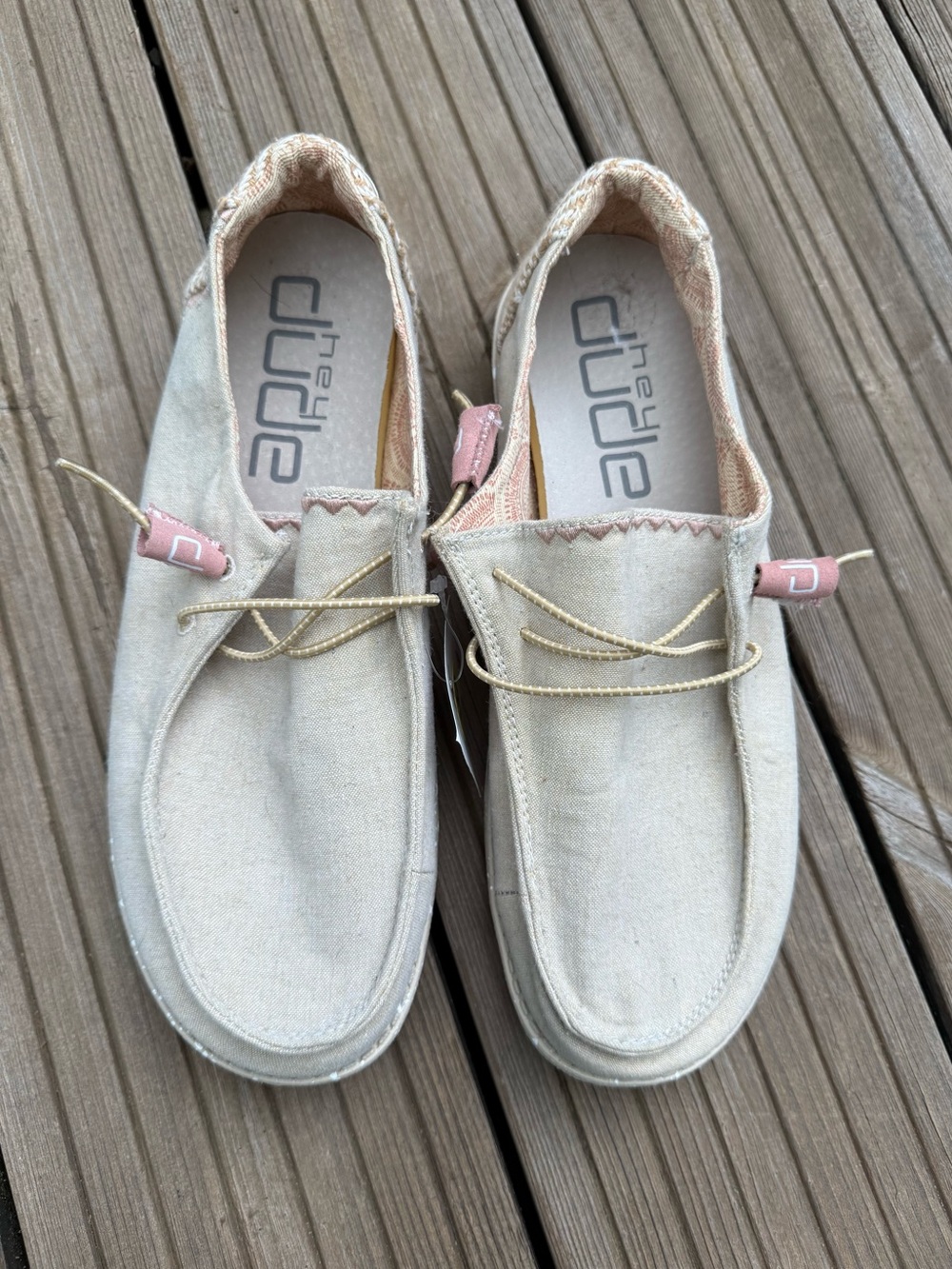 Hey Dude Moccasins in Beige with Pink Accents